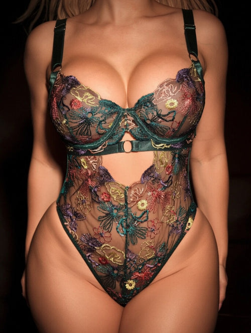 Emerald Bloom Embroidered Lace Bodysuit