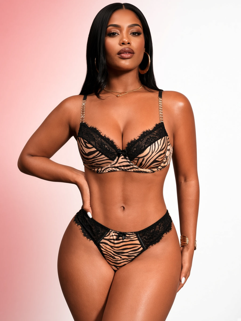 Sexy Tiger Stripe Lace Lingerie Set, Metal Chain Strap Bra And Panty 2pcs