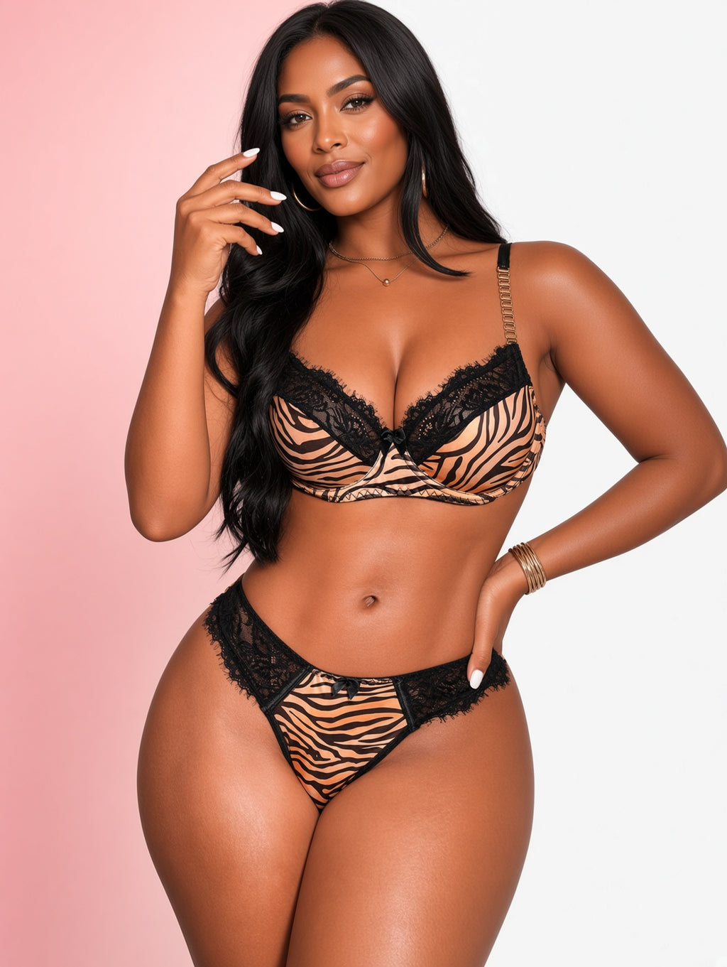 Sexy Tiger Stripe Lace Lingerie Set, Metal Chain Strap Bra And Panty 2pcs